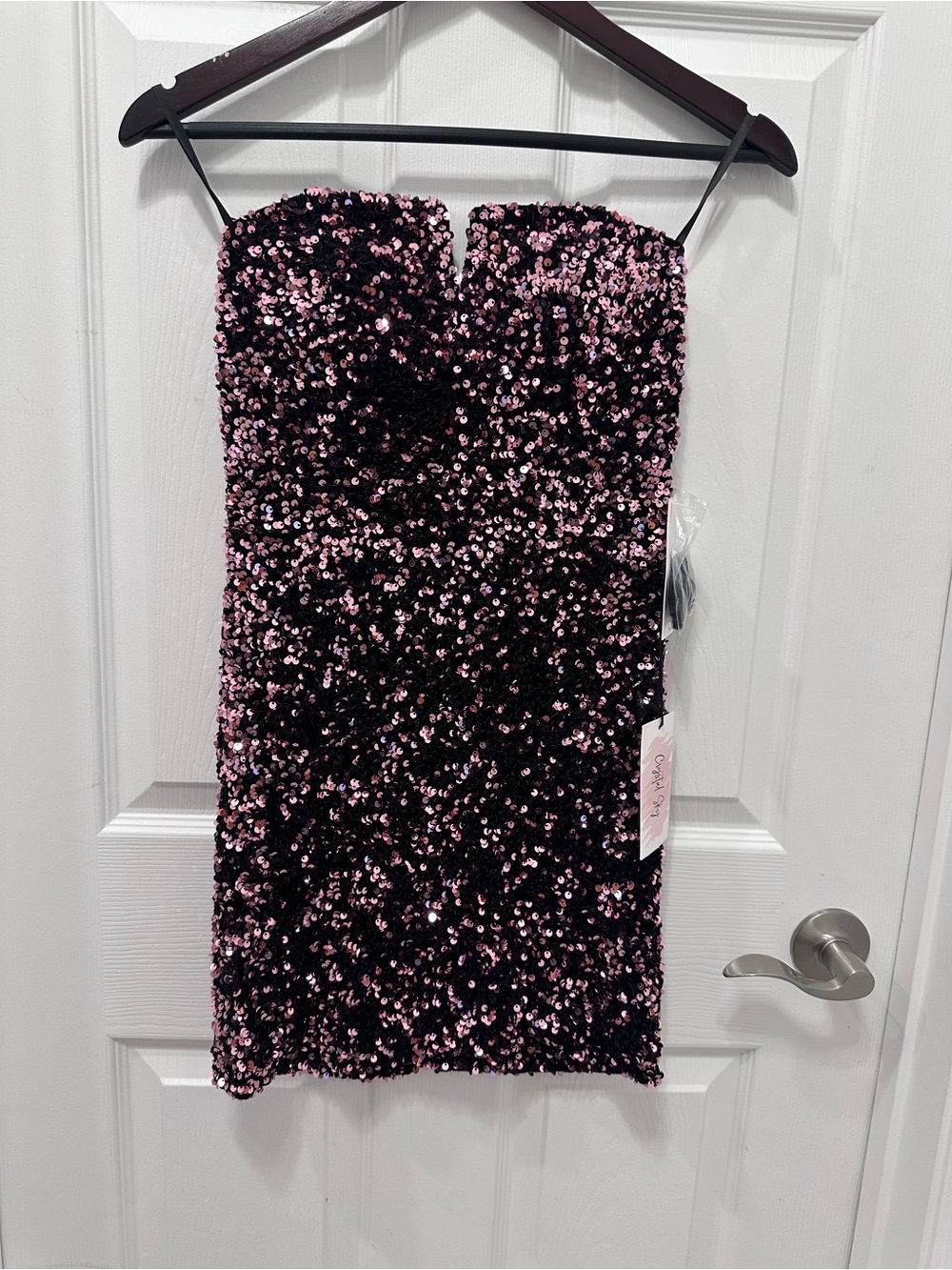 Strapless Sequin Mini Dress in Black & Pink ( great for HC , Christmas)